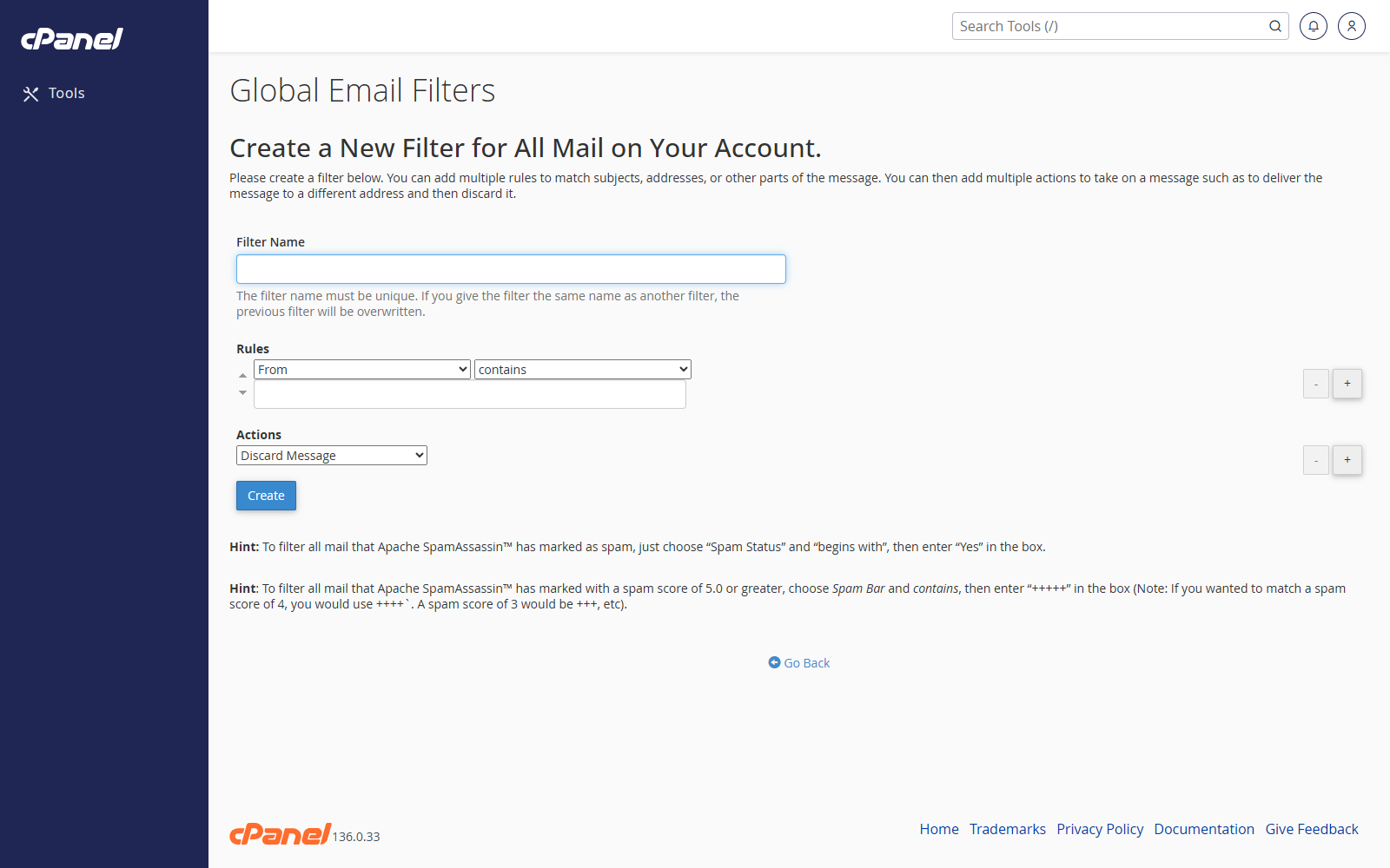 Create Global Email Filter form