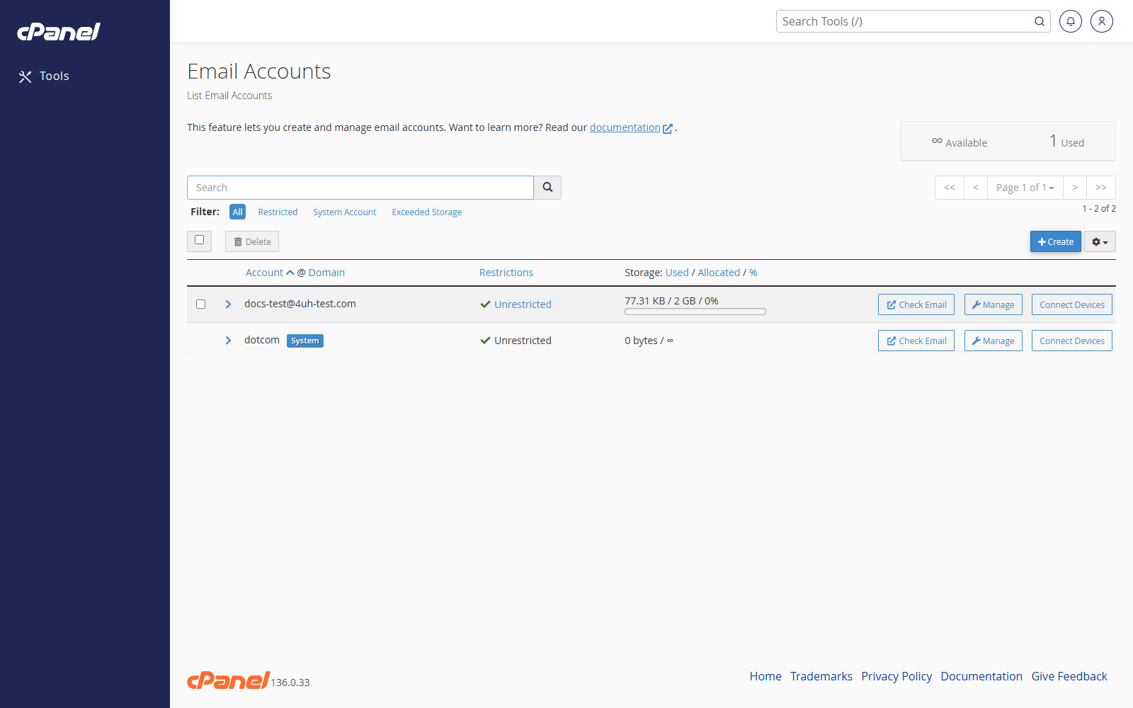 Email Accounts screen in cPanel