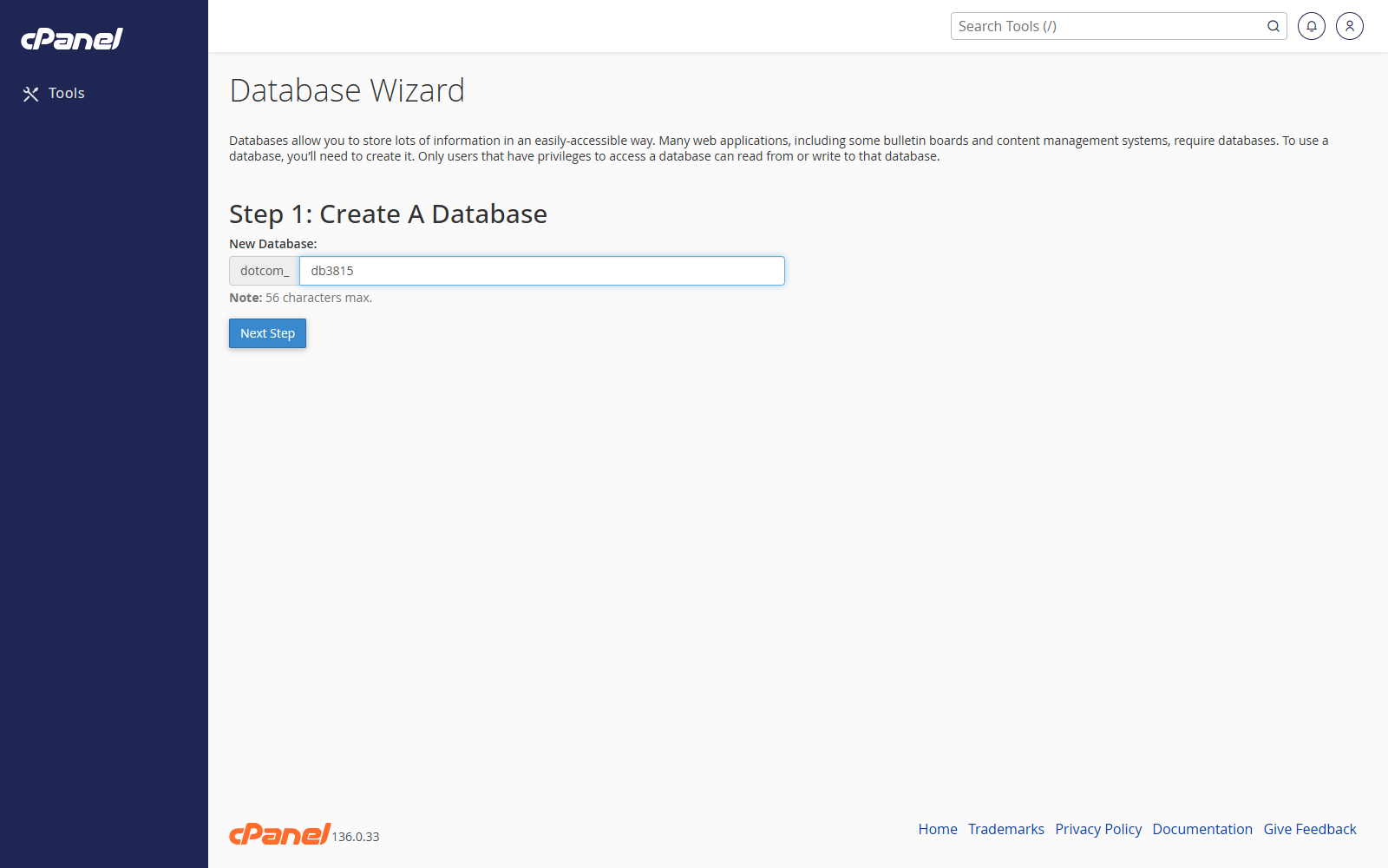 Database name entered in MySQL Database Wizard
