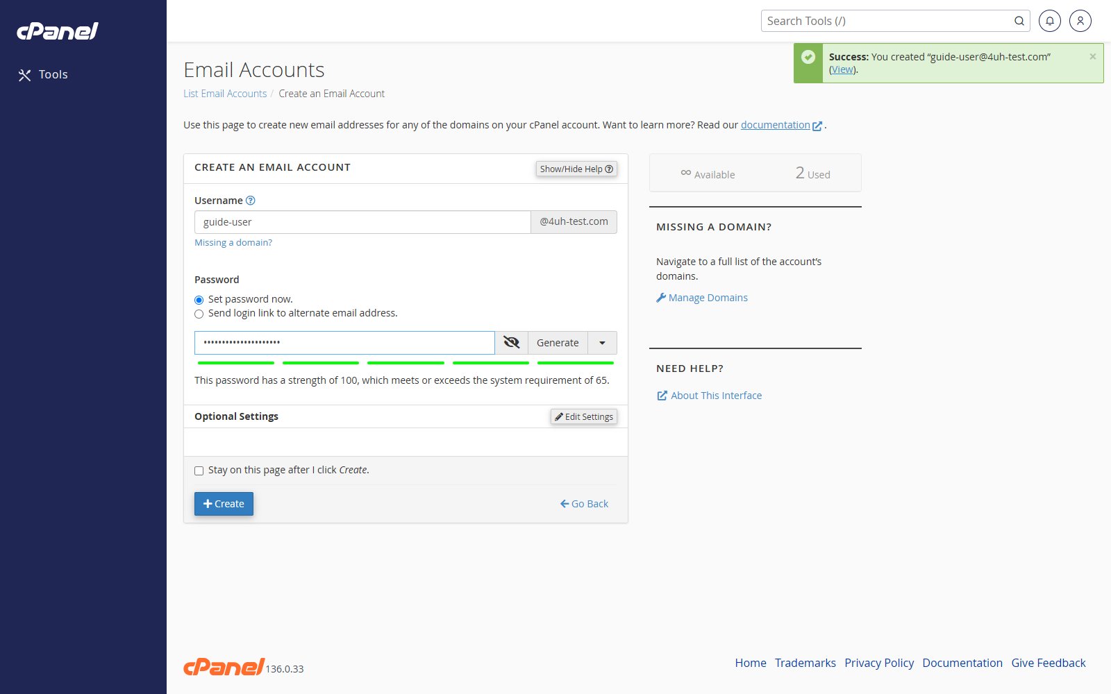 Example email account form before saving
