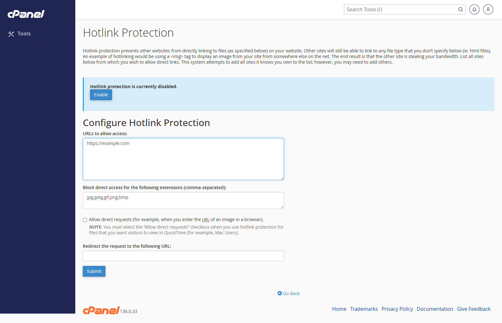 Hotlink Protection settings form