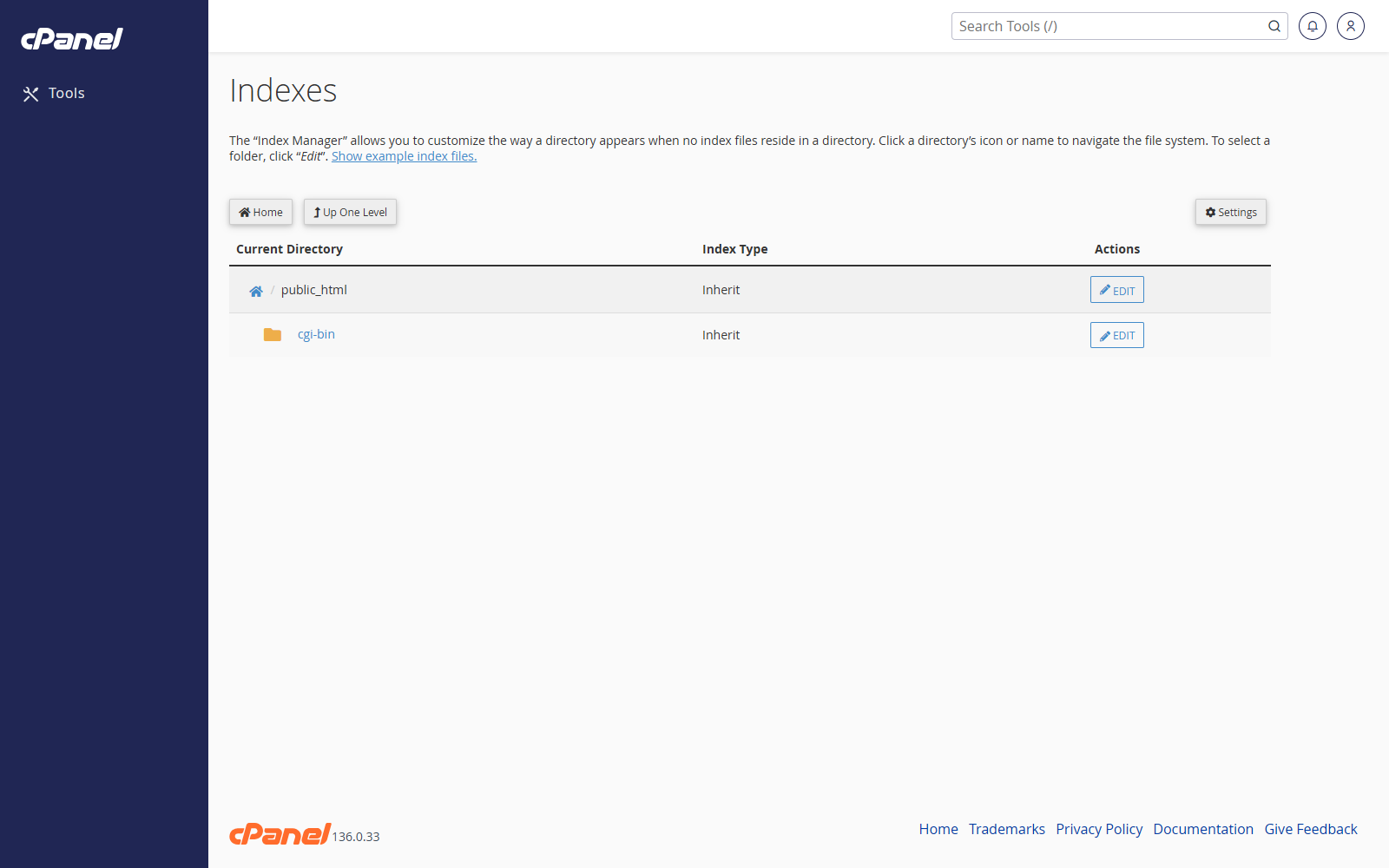 Indexes directory selection