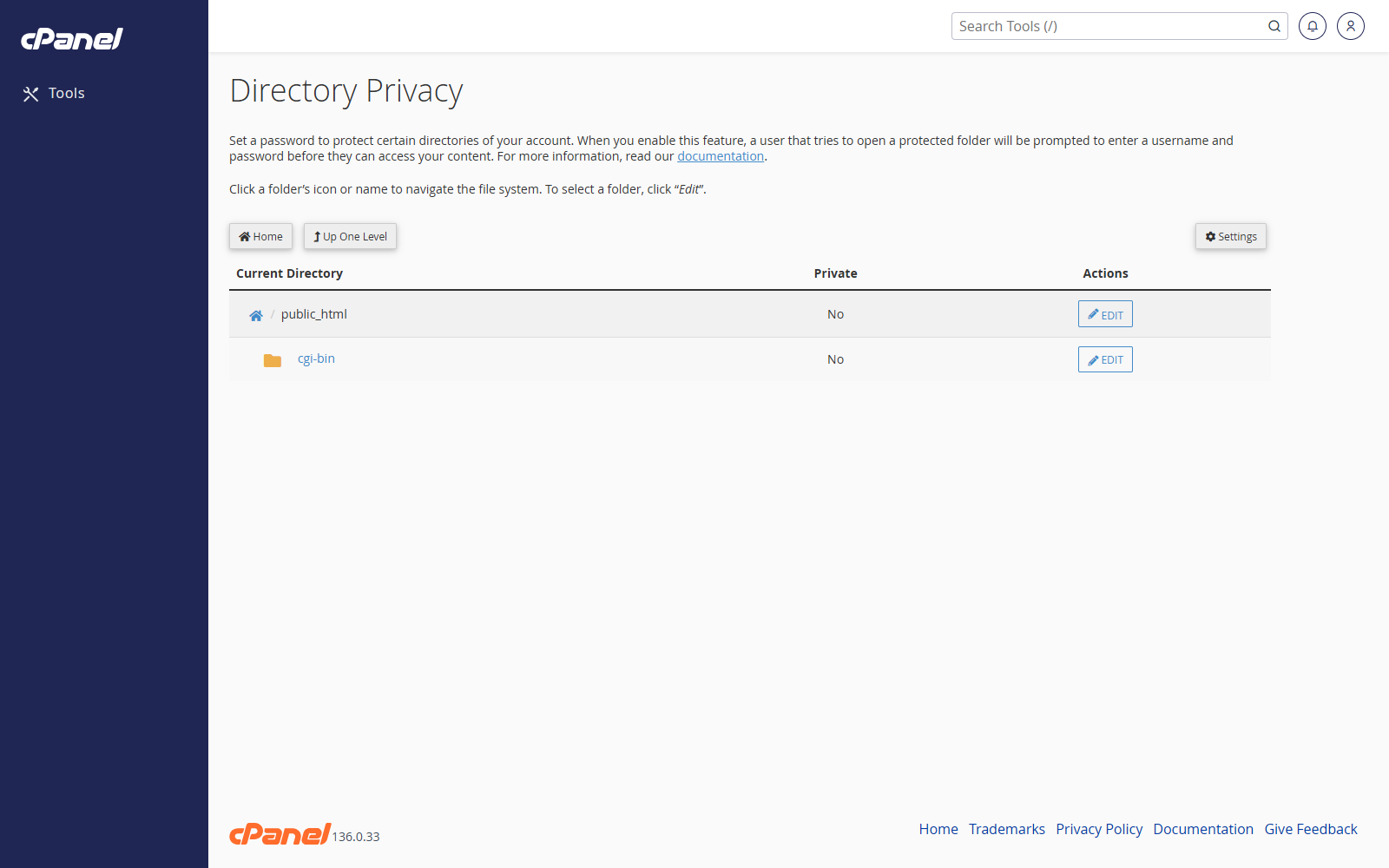 Directory Privacy folder list opened to public_html