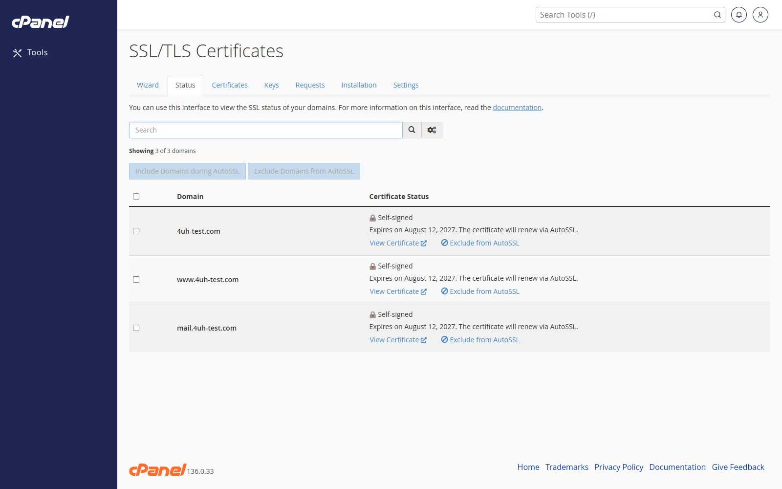 SSL/TLS Certificates status tab