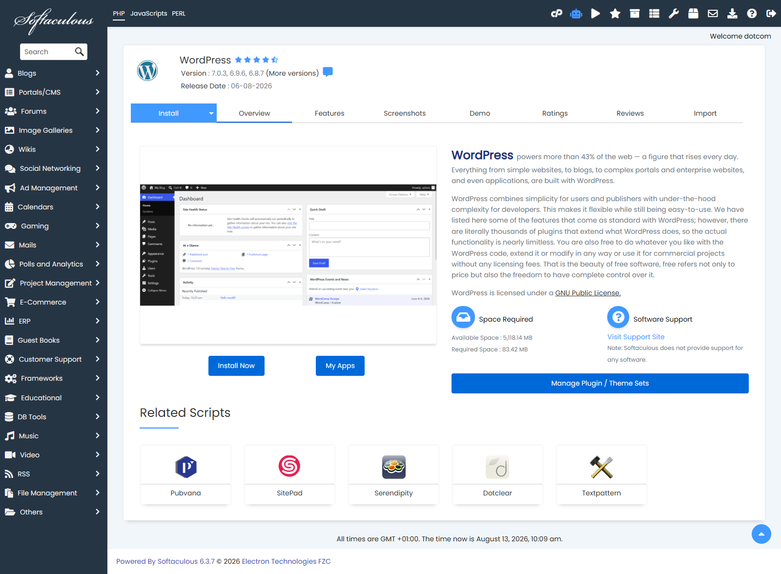 WordPress overview in Softaculous