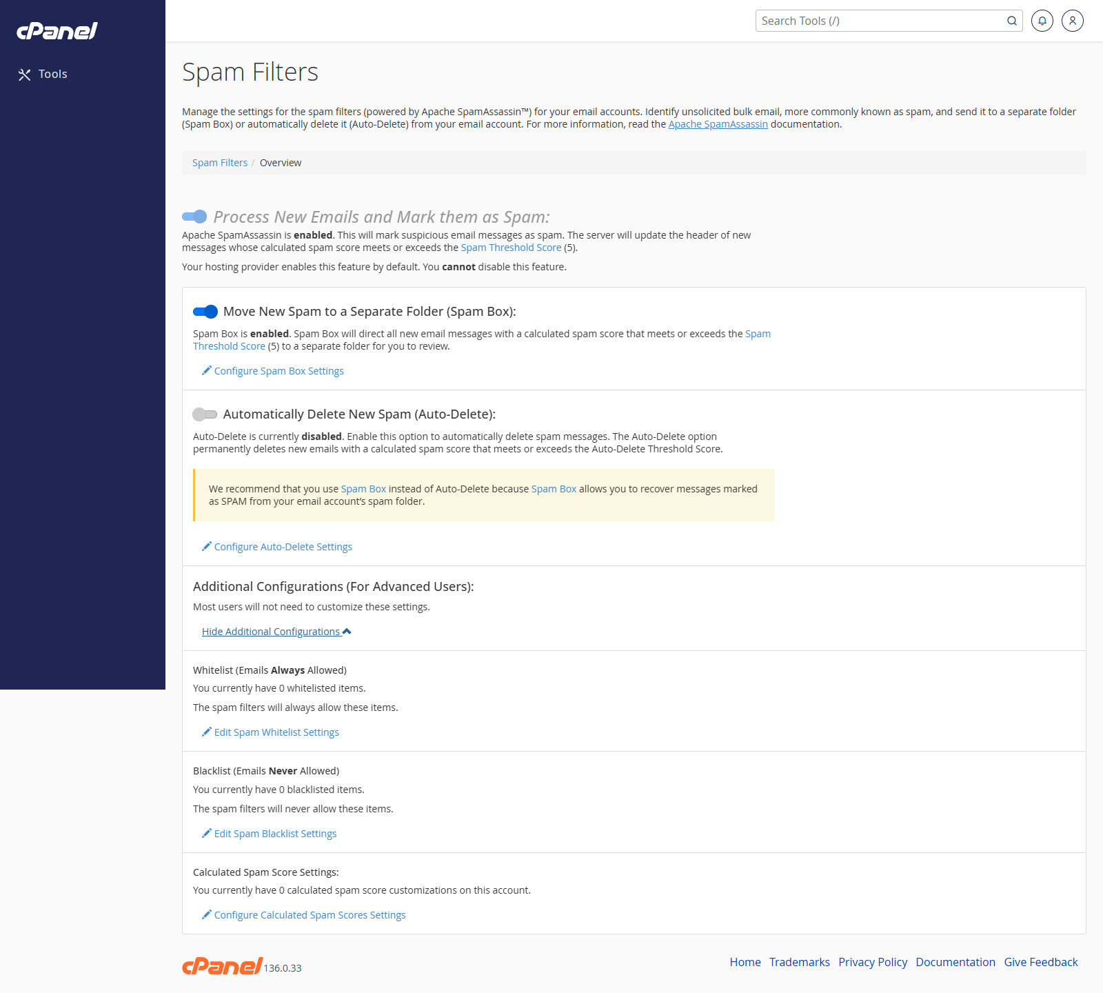 Additional spam filter configuration options