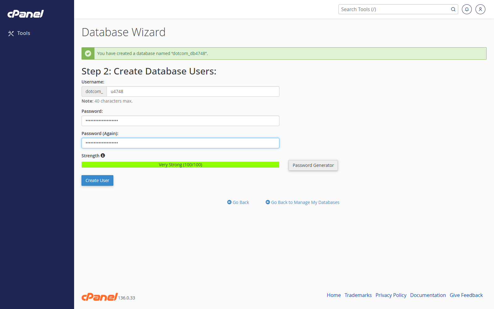 Create database user screen