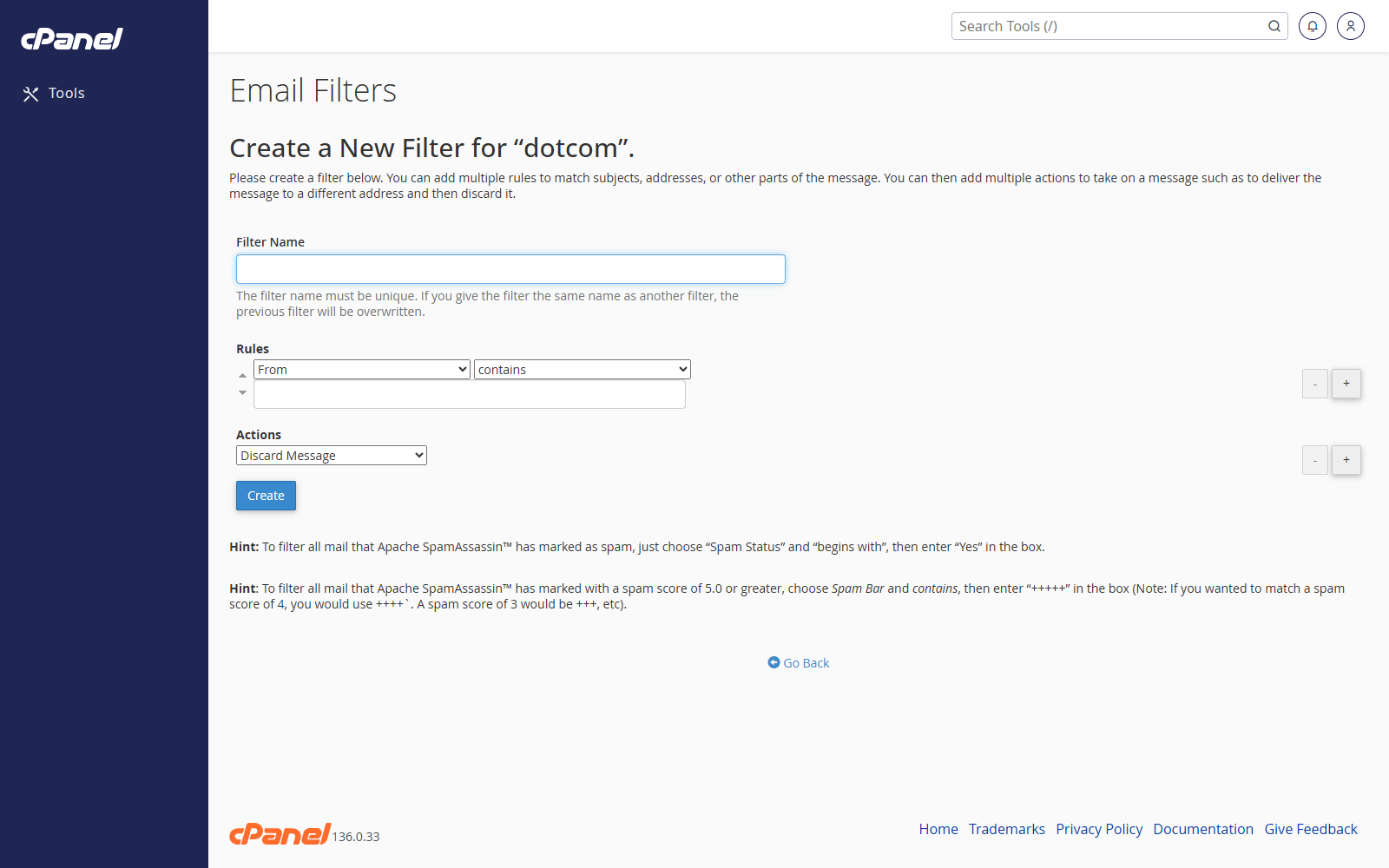 Create Email Filter form