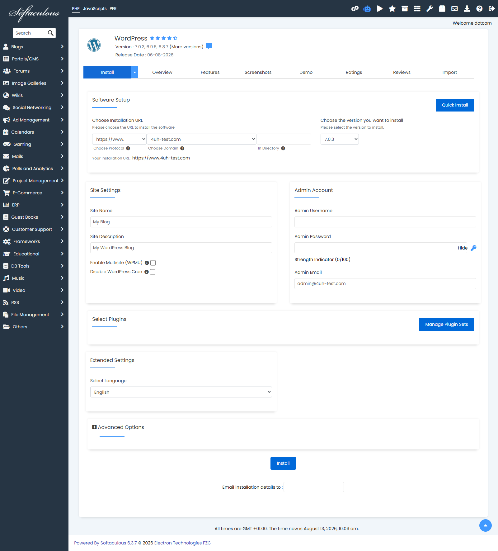 WordPress install form in Softaculous