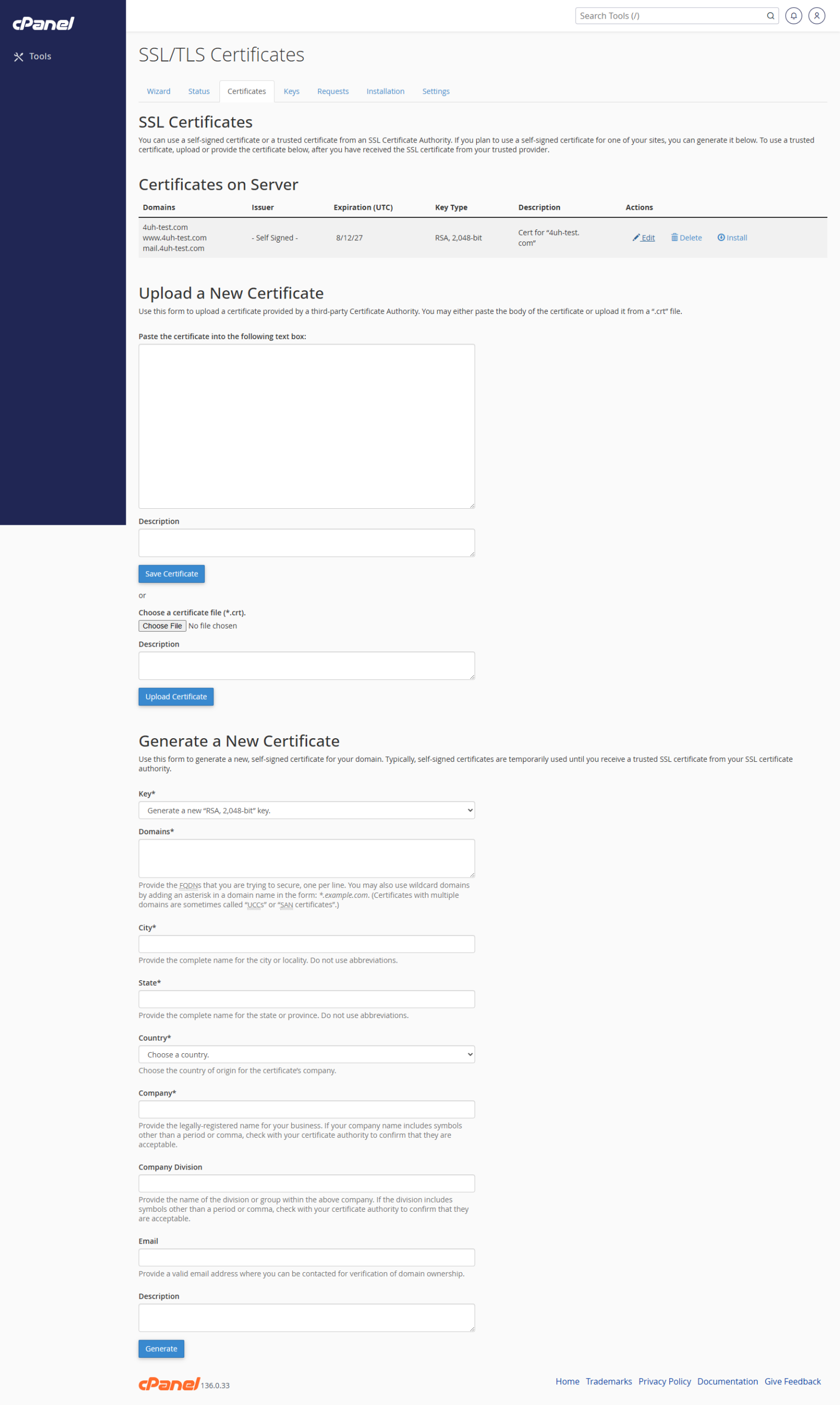 SSL/TLS Certificates certificates tab