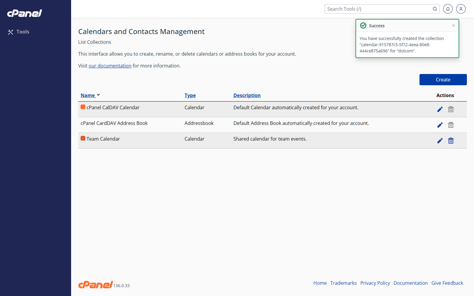 Calendars and contacts list after creating a collection