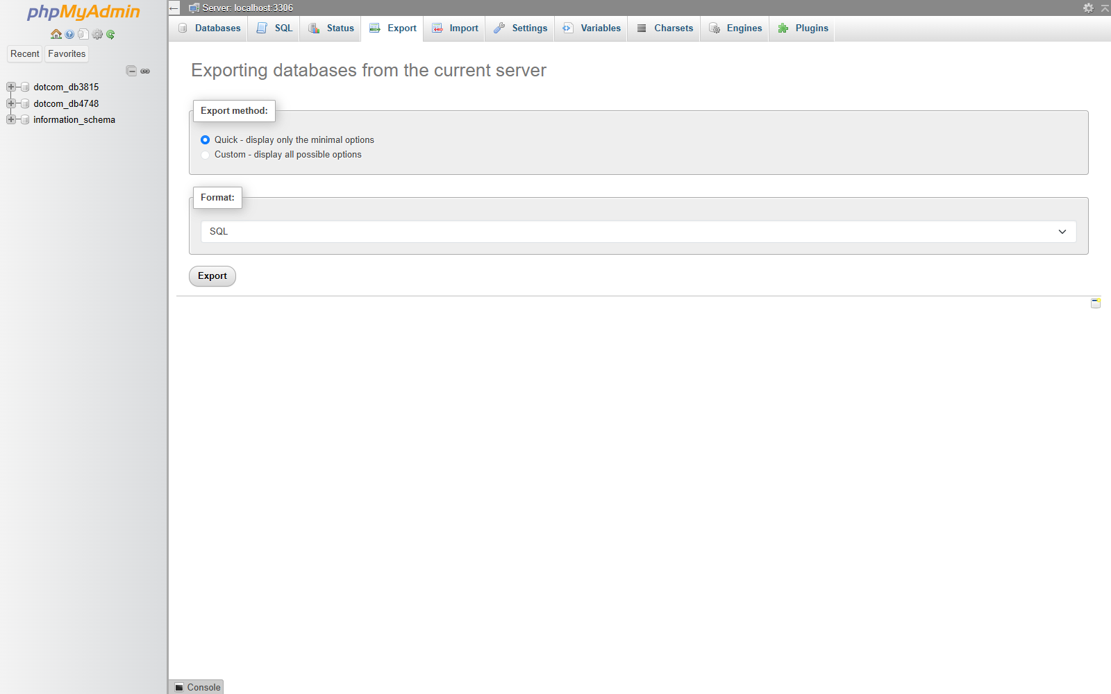 Export tab in phpMyAdmin