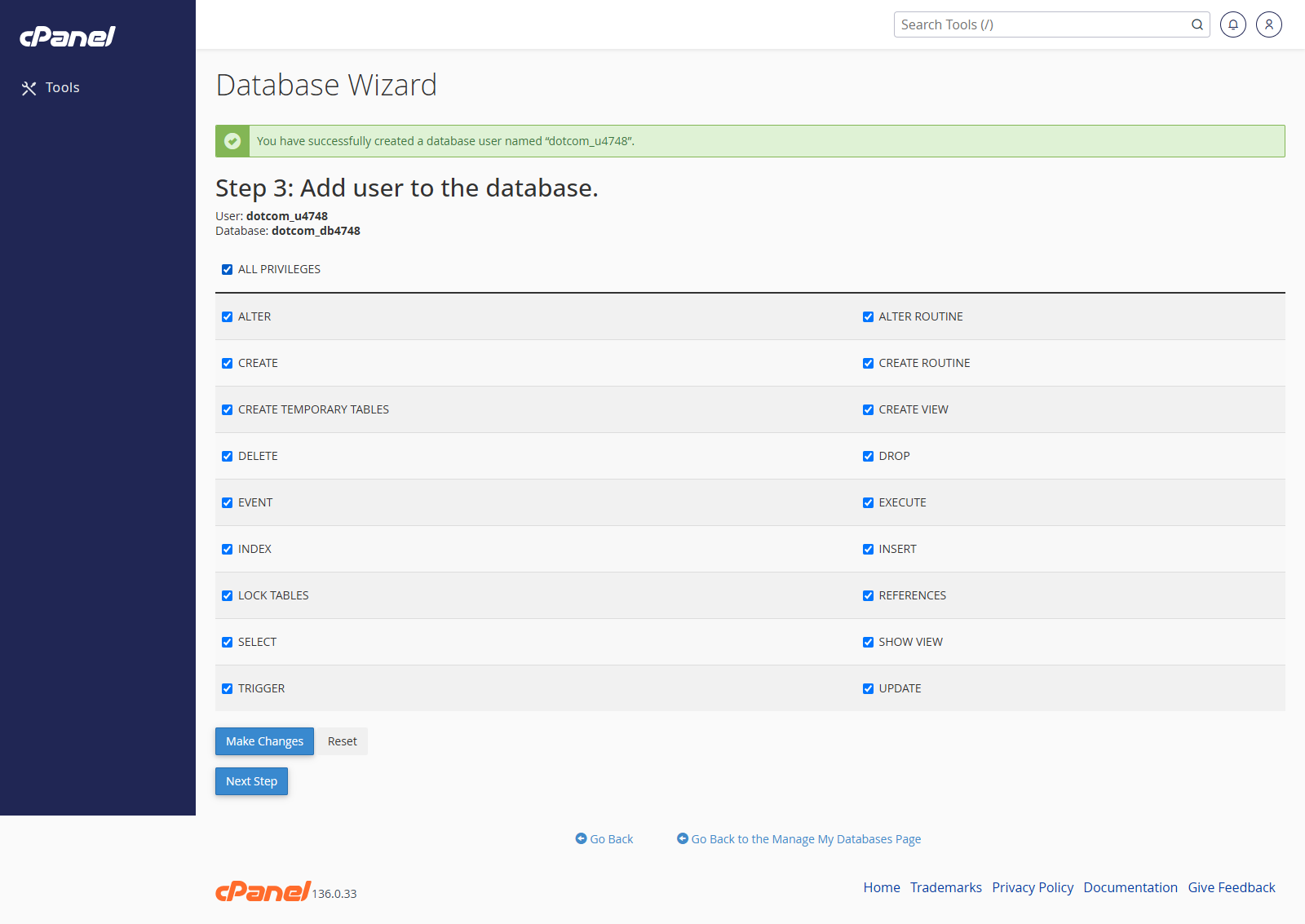 Database user privileges screen