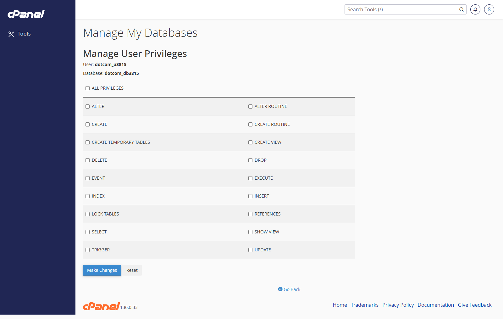 MySQL user privileges screen