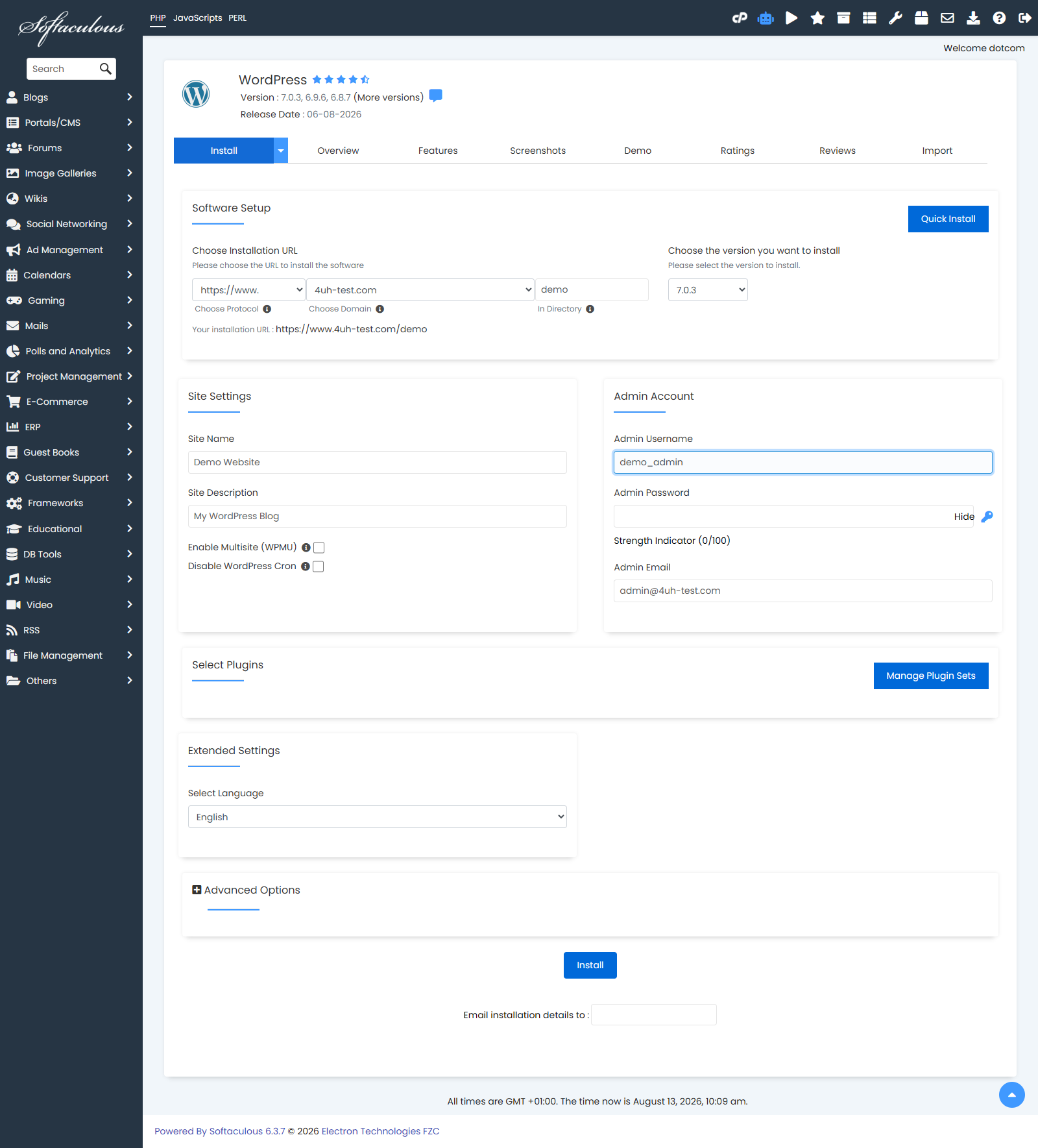 WordPress install details in Softaculous