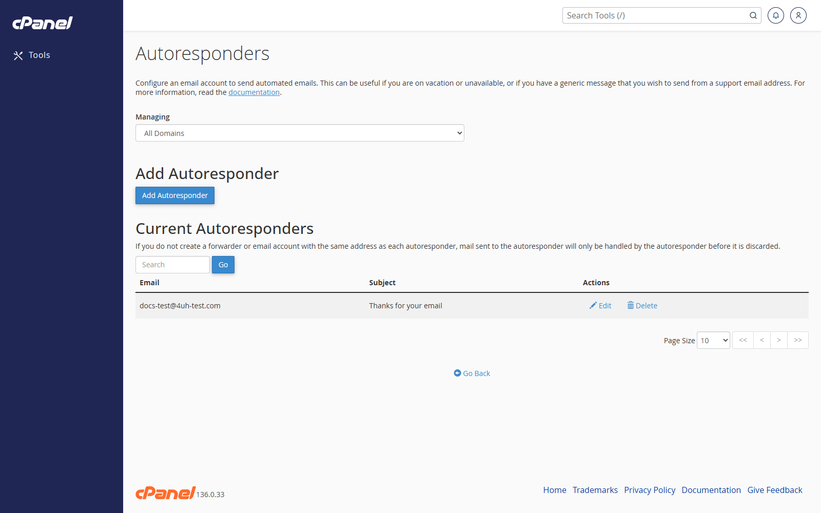 Current autoresponders list with an example autoresponder
