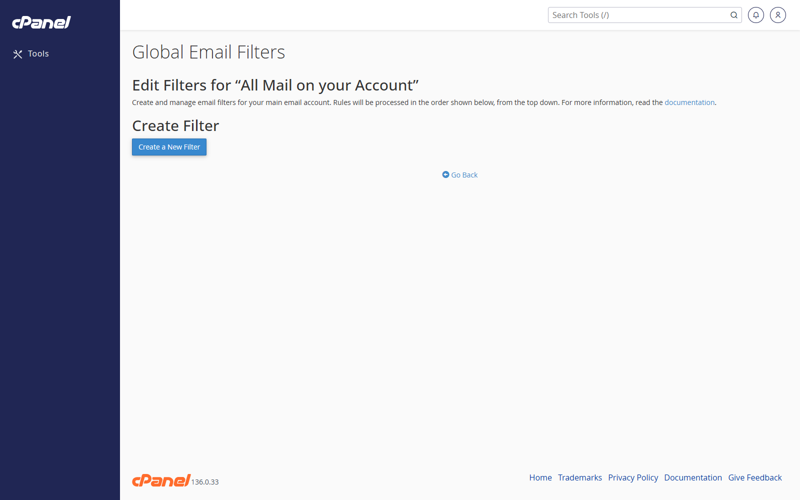 Global email filters list with an example filter