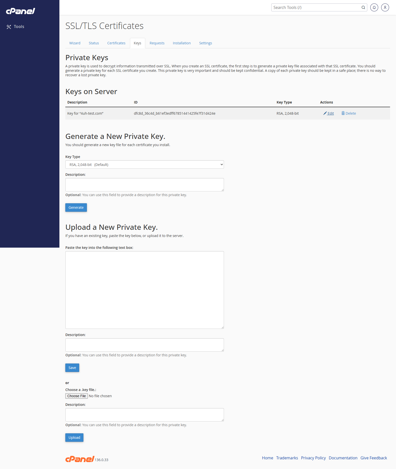 SSL/TLS Certificates keys tab