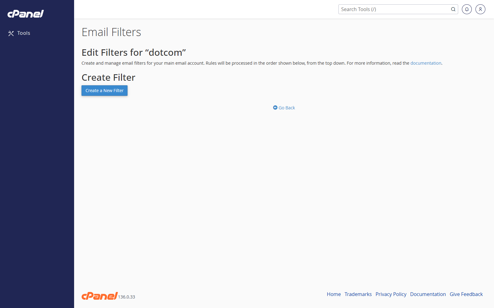 Email filters list with an example filter