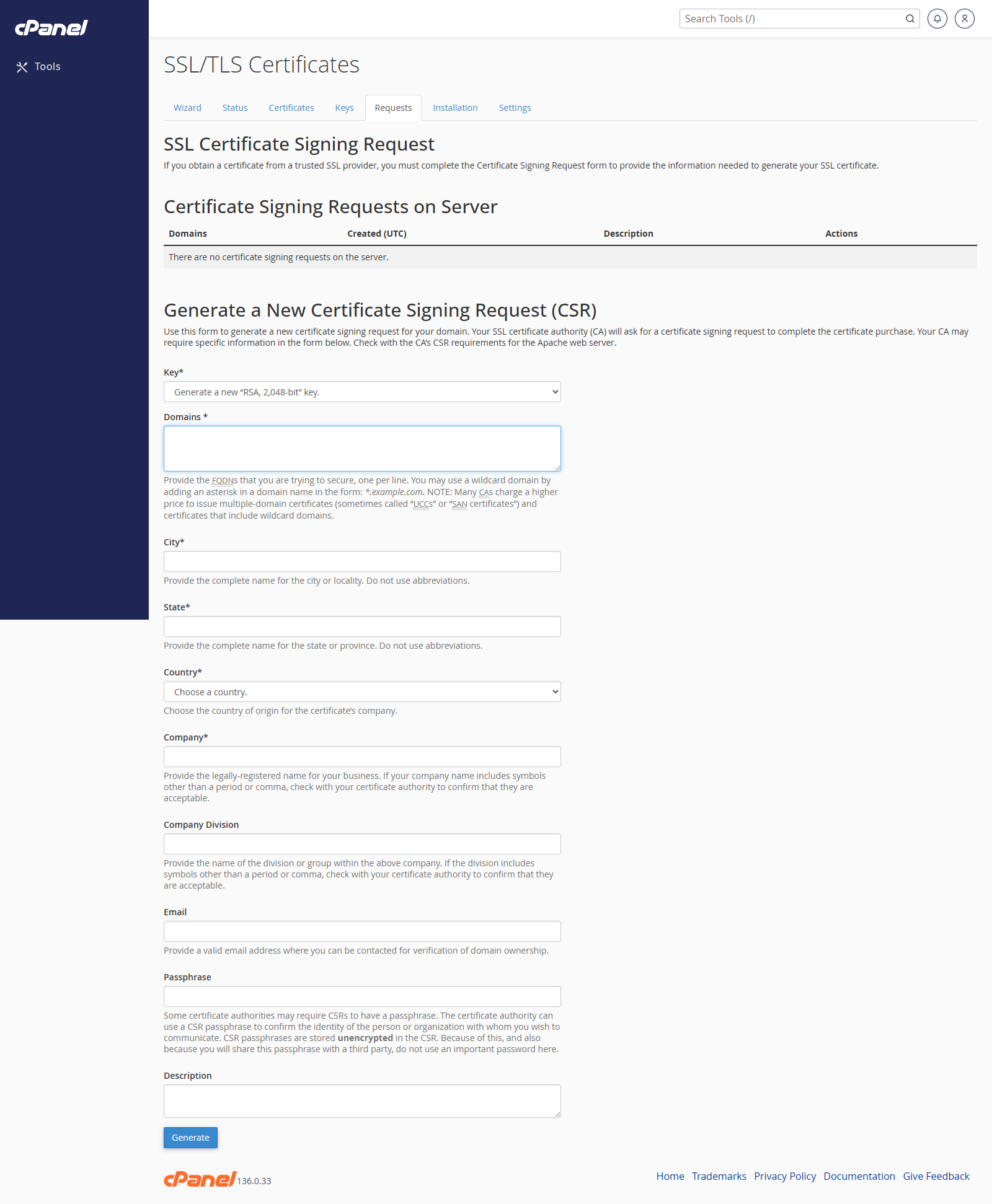 SSL/TLS Certificates requests tab