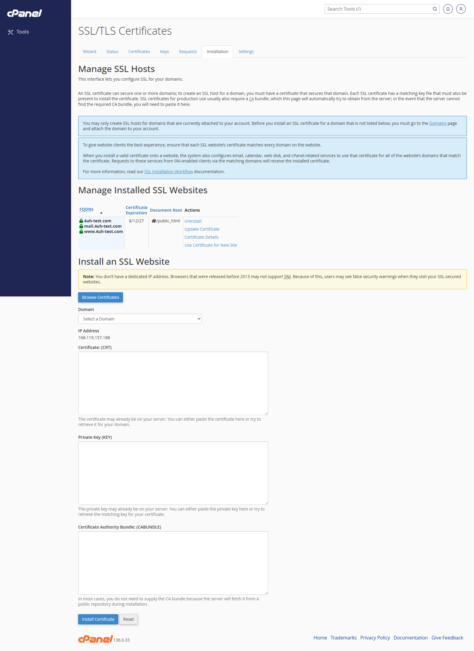 SSL/TLS Certificates installation tab