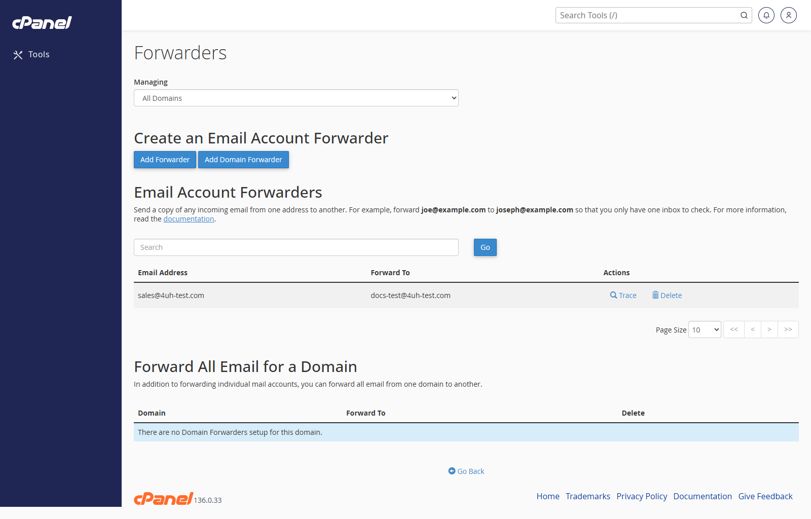 Forwarders list with an example forwarder