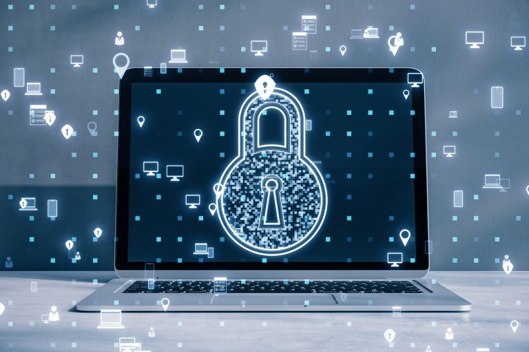 Laptop with a digital padlock concept representing WordPress website security