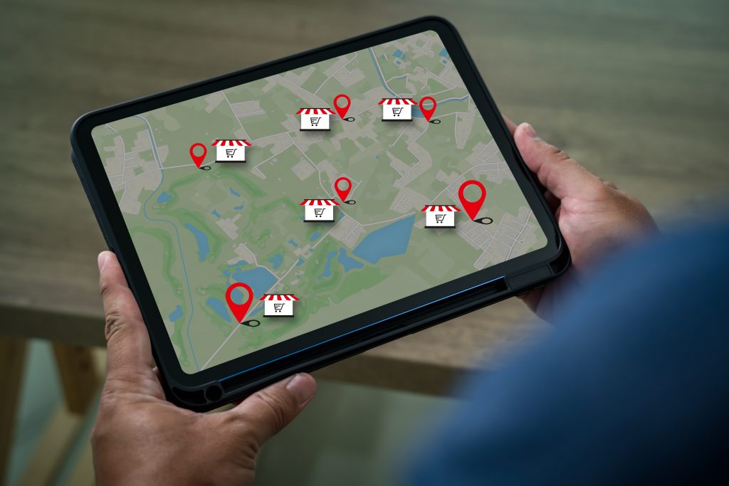 Local search map with location pins representing local SEO