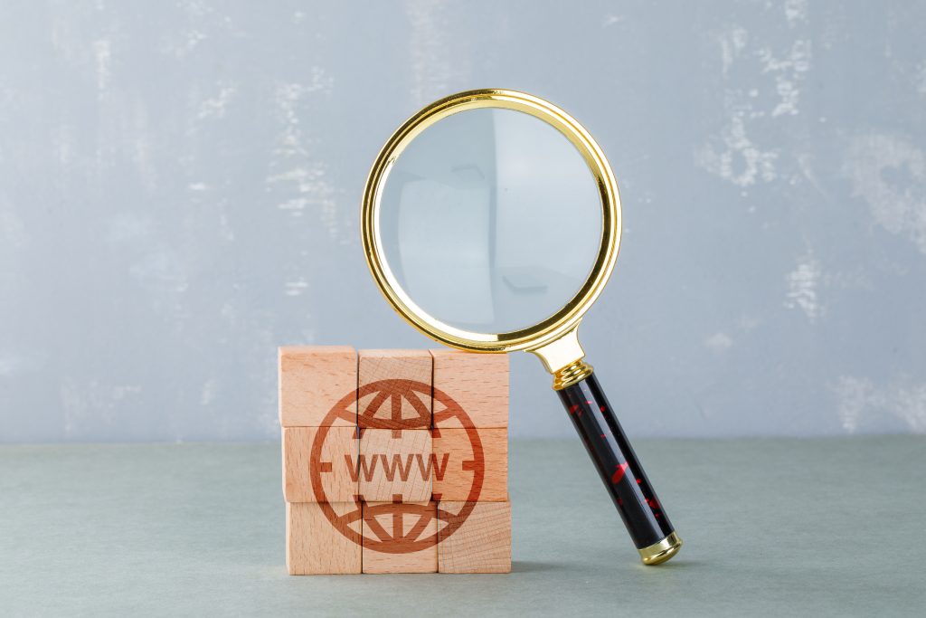 Magnifying glass and internet blocks representing a domain name search