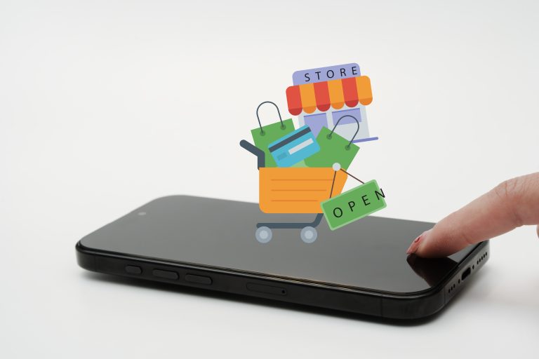 Mobile online shopping interface with store and cart icons