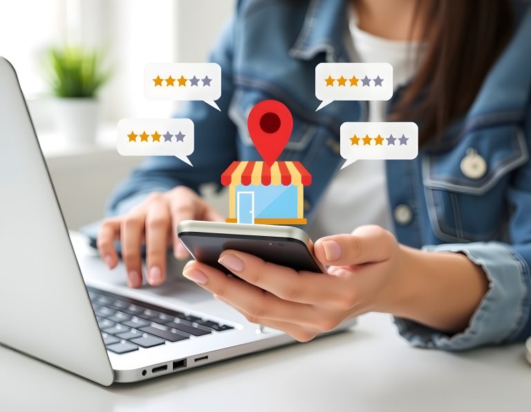 Customer reading online reviews on a phone