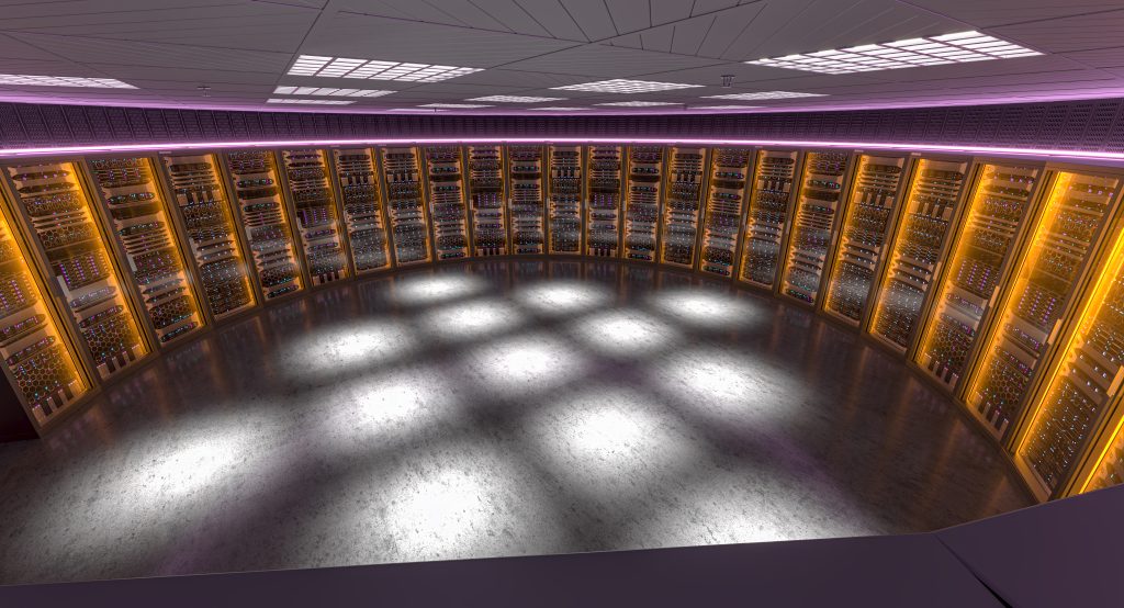 Modern server room with illuminated racks
