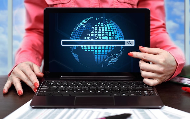 Businesswoman using phone with digital search and globe interface