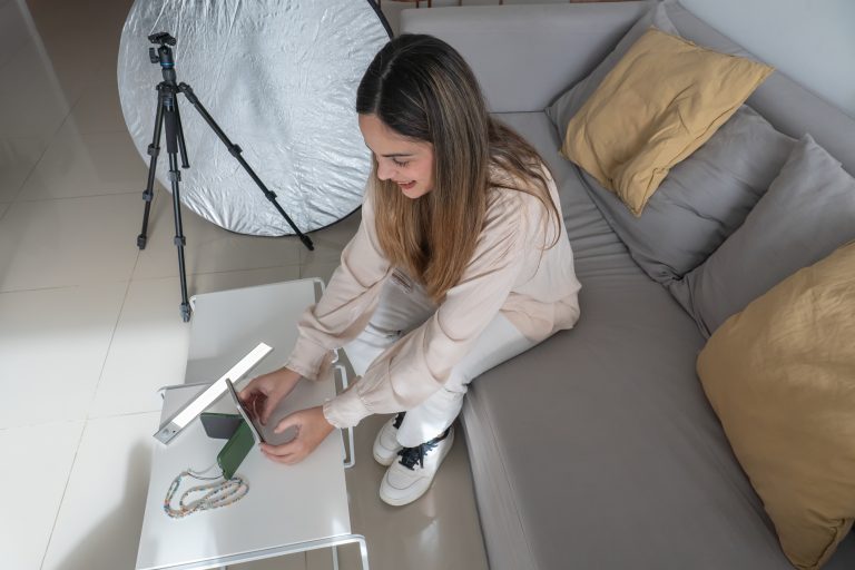 Content creator setting up a phone for filming