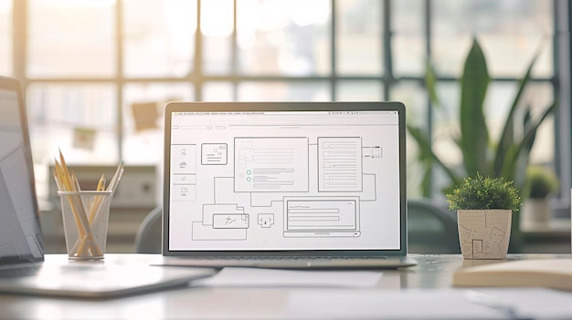 Landing page layout being planned on a desk
