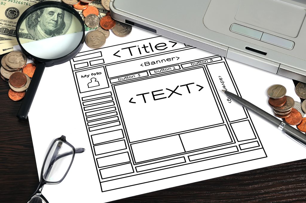 Paper wireframe of a web page layout