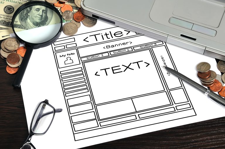 Paper wireframe of a web page layout
