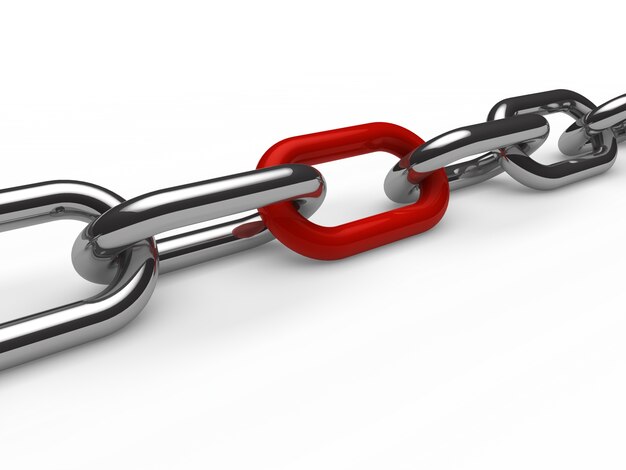 Metal chain with one red link representing a broken connection
