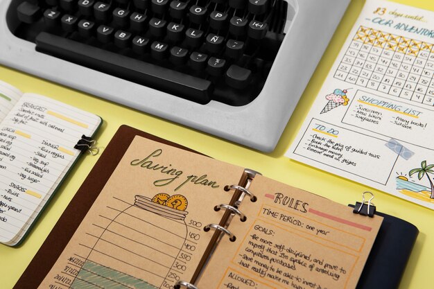 Desk planner and journal used for content planning