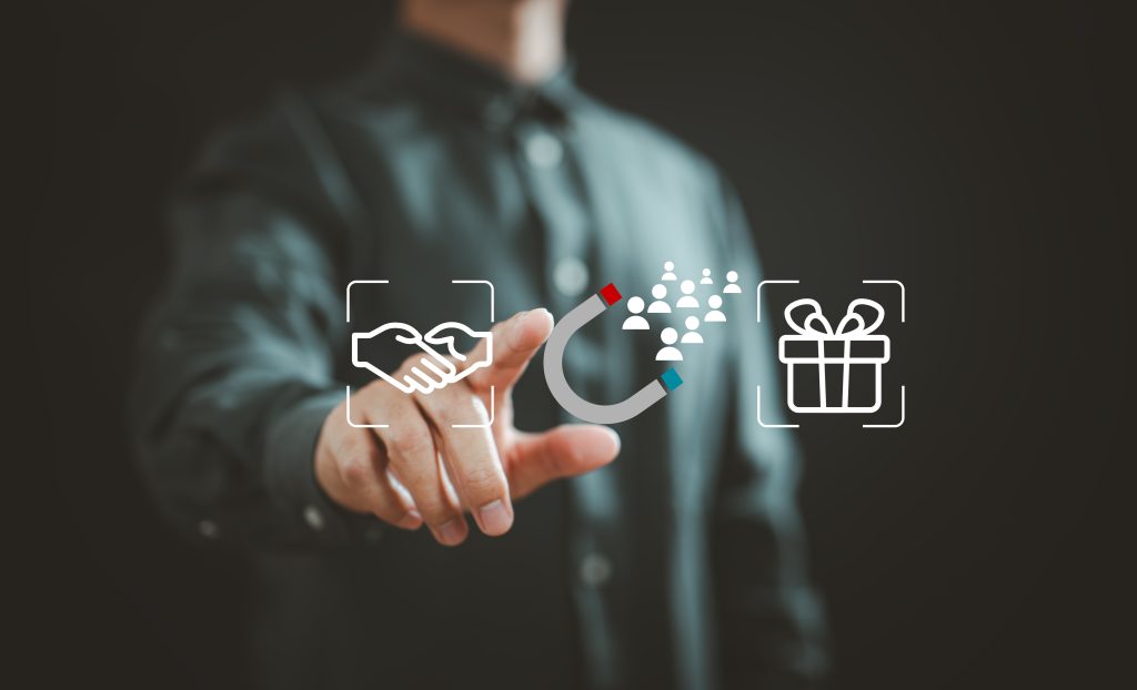 Customer engagement and loyalty concept with people drawn toward a handshake