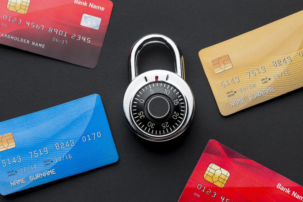 Credit cards protected by a padlock representing ecommerce security