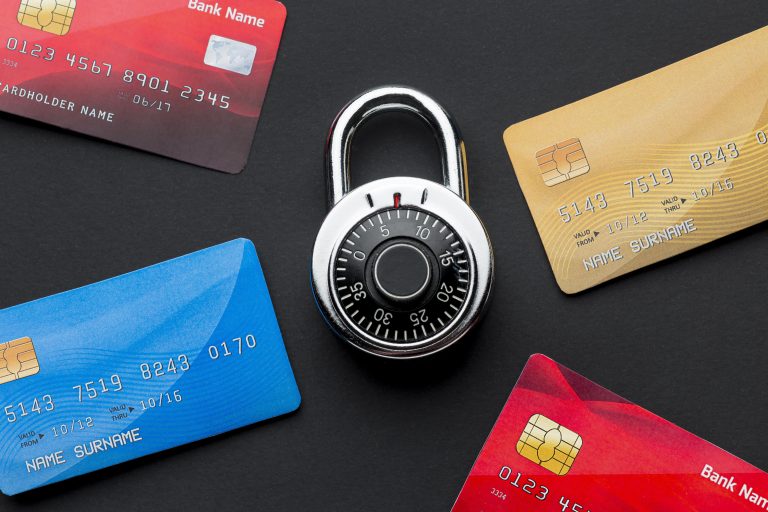 Credit cards protected by a padlock representing ecommerce security
