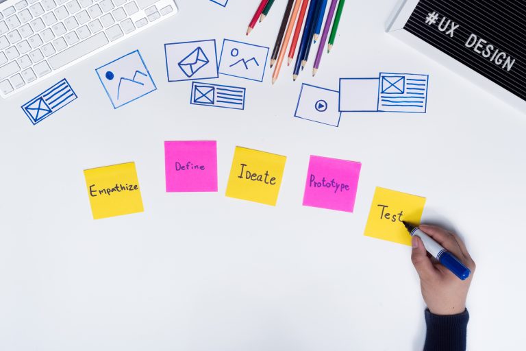UX planning notes and design tools on a desk