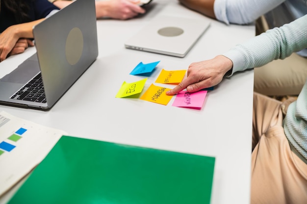 Small business team writing tagline ideas on sticky notes