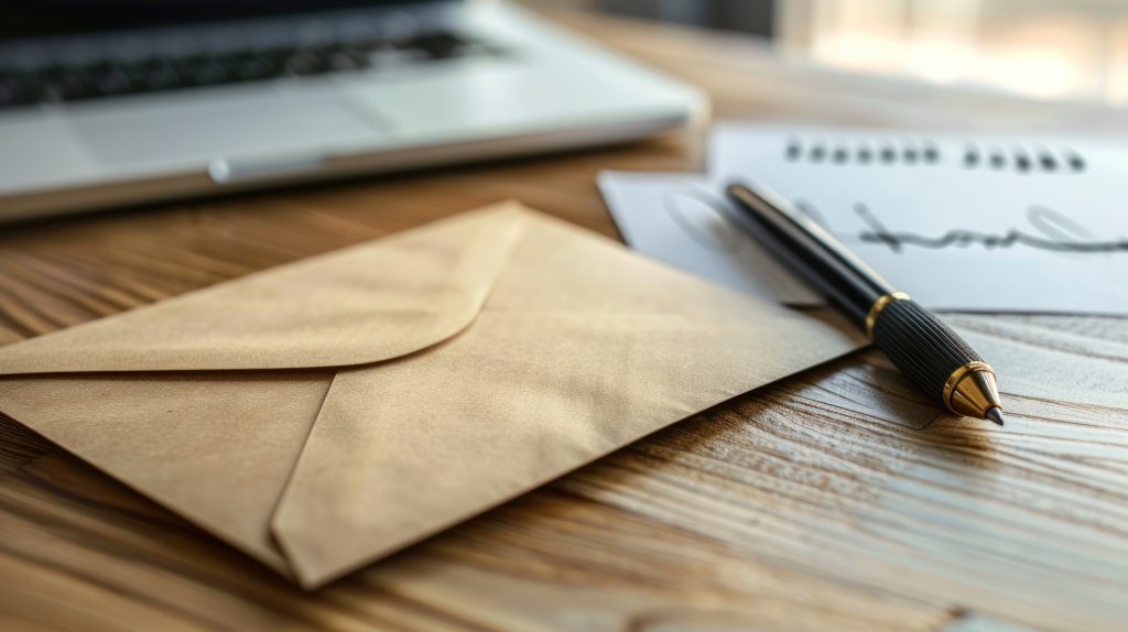 Envelope on a wooden desk representing email marketing