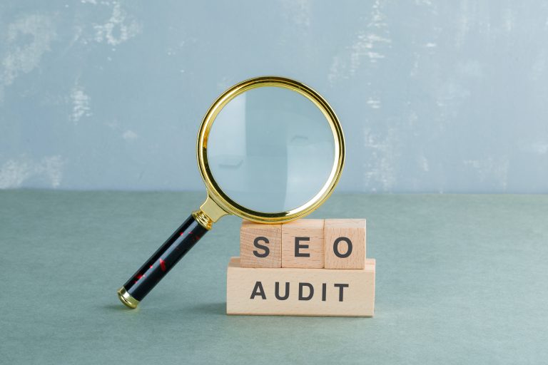 SEO analysis blocks and magnifying glass