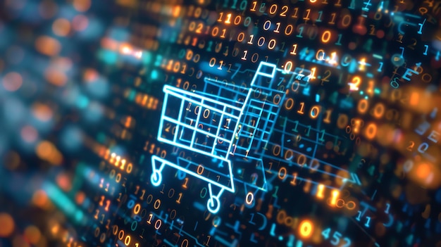 Digital shopping cart icon on a technology background