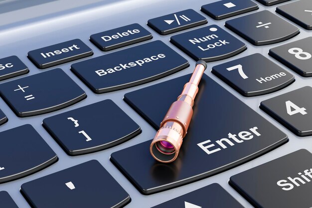 Spyglass on a laptop keyboard representing domain research