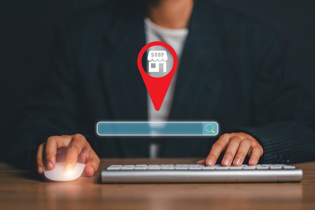 Businessperson interacting with a digital search bar