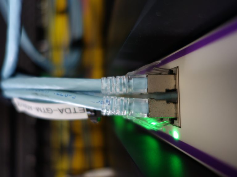 Network cables connected to a data rack switch